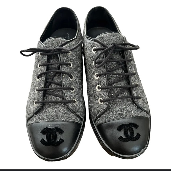 CHANEL Shoes - CHANEL TWEED TRAINERS Women's Black and Gray Sneakers